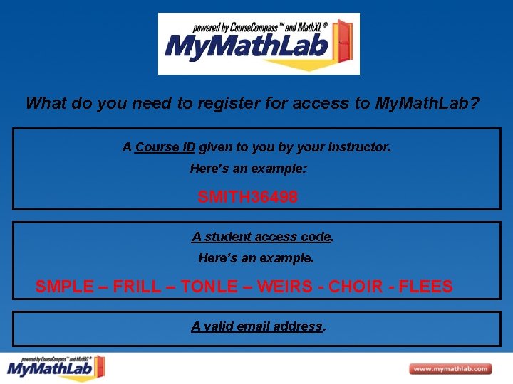 What do you need to register for access to My. Math. Lab? A Course