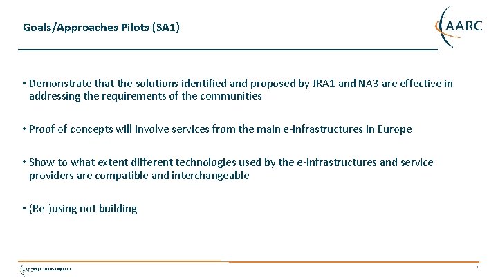 Goals/Approaches Pilots (SA 1) • Demonstrate that the solutions identified and proposed by JRA