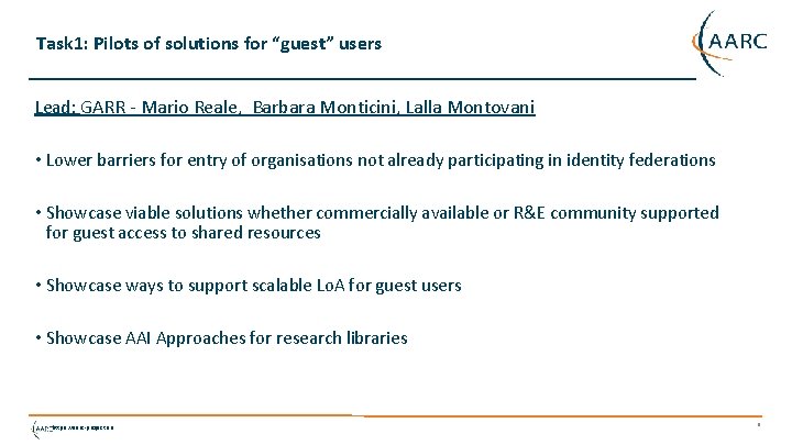 Task 1: Pilots of solutions for “guest” users Lead: GARR - Mario Reale, Barbara