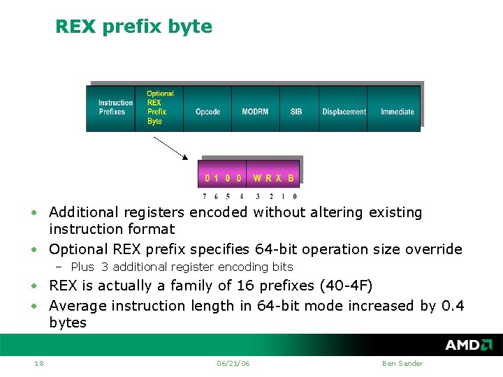 REX prefix byte • Additional registers encoded without altering existing instruction format • Optional