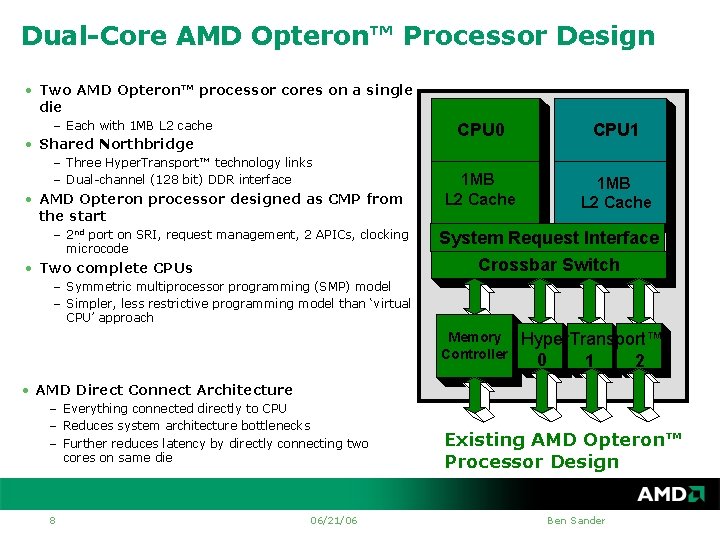 Dual-Core AMD Opteron™ Processor Design • Two AMD Opteron™ processor cores on a single