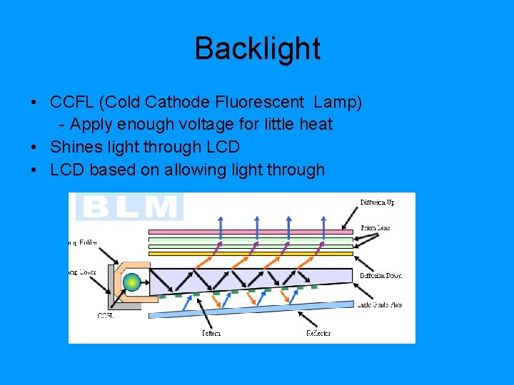 Backlight • CCFL (Cold Cathode Fluorescent Lamp) - Apply enough voltage for little heat