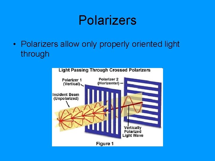 Polarizers • Polarizers allow only properly oriented light through 