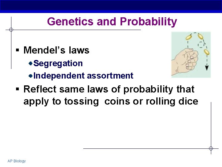 Genetics and Probability § Mendel’s laws Segregation Independent assortment § Reflect same laws of