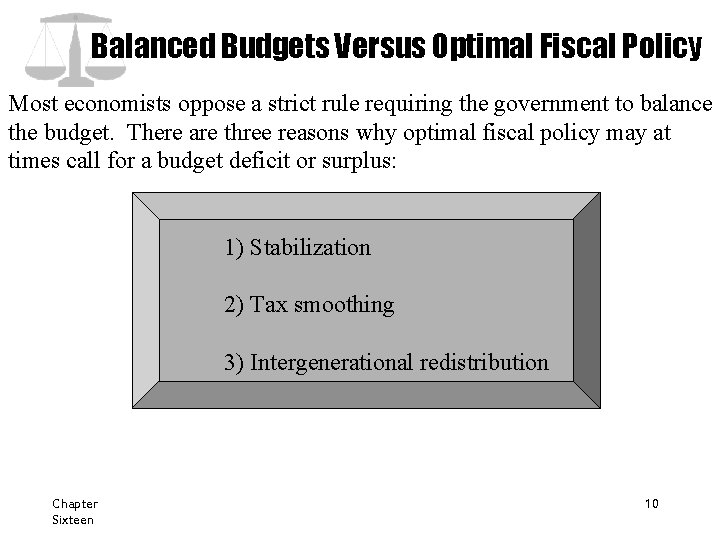 Balanced Budgets Versus Optimal Fiscal Policy Most economists oppose a strict rule requiring the