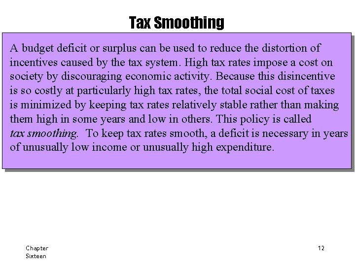 Tax Smoothing A budget deficit or surplus can be used to reduce the distortion