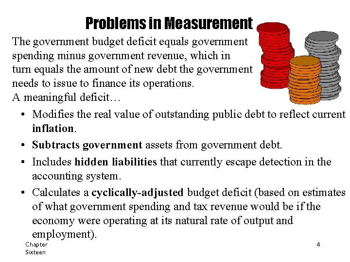 Problems in Measurement The government budget deficit equals government spending minus government revenue, which