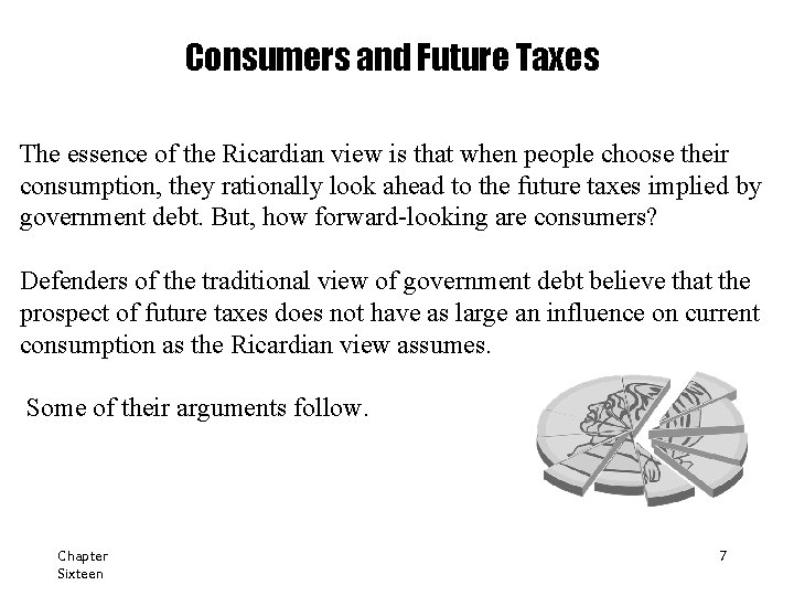 Consumers and Future Taxes The essence of the Ricardian view is that when people