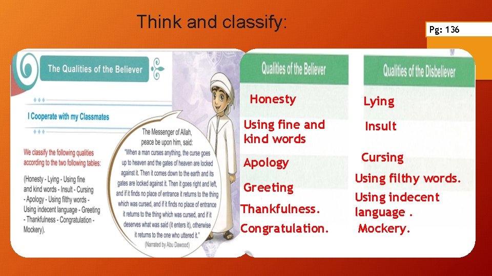 Think and classify: Honesty Pg: 136 Lying Using fine and kind words Insult Apology