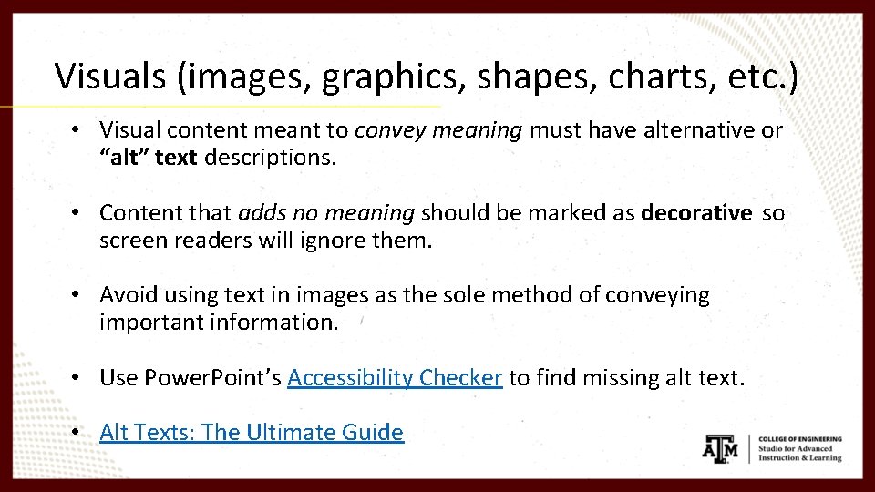 Visuals (images, graphics, shapes, charts, etc. ) • Visual content meant to convey meaning