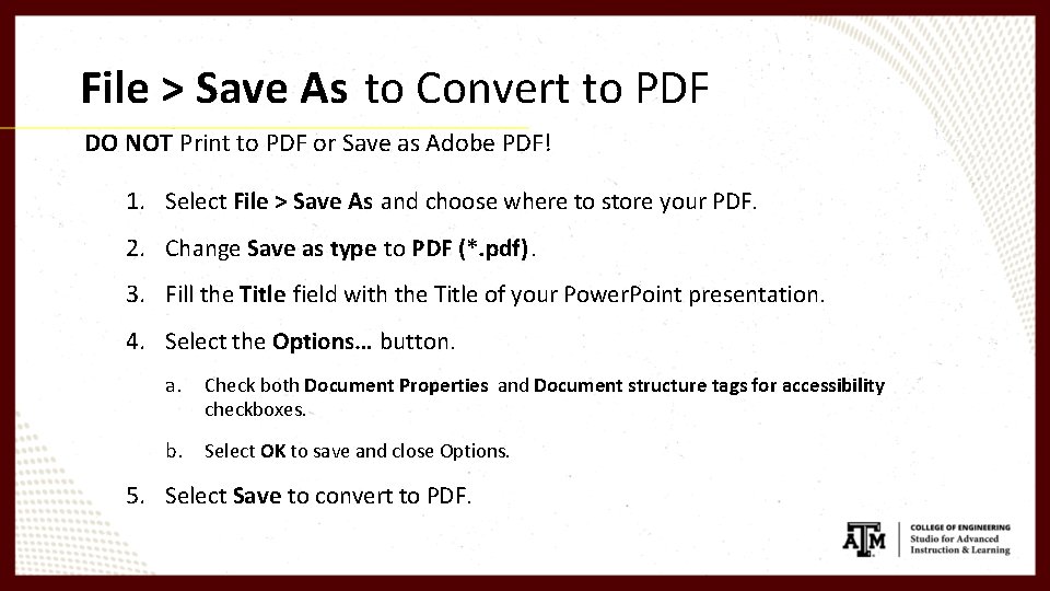 File > Save As to Convert to PDF DO NOT Print to PDF or