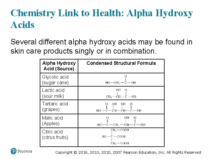 Chemistry Link to Health: Alpha Hydroxy Acids Several different alpha hydroxy acids may be