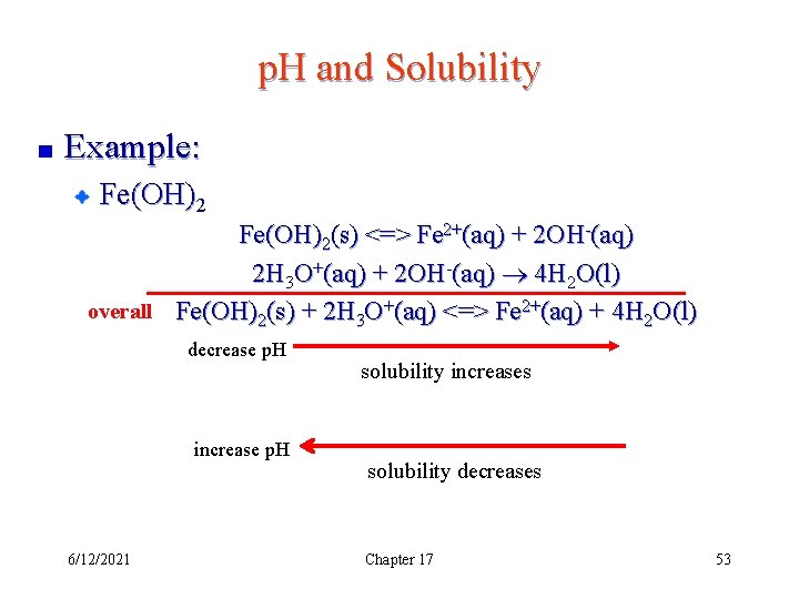 p. H and Solubility Example: Fe(OH)2(s) <=> Fe 2+(aq) + 2 OH-(aq) 2 H