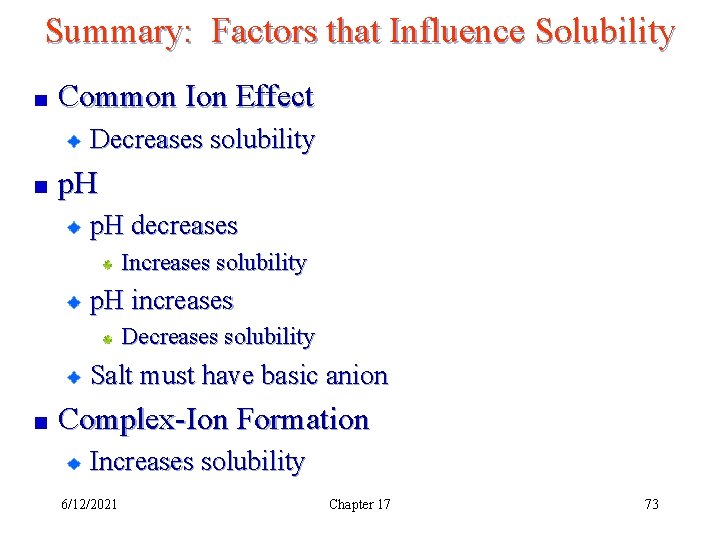 Summary: Factors that Influence Solubility Common Ion Effect Decreases solubility p. H decreases Increases