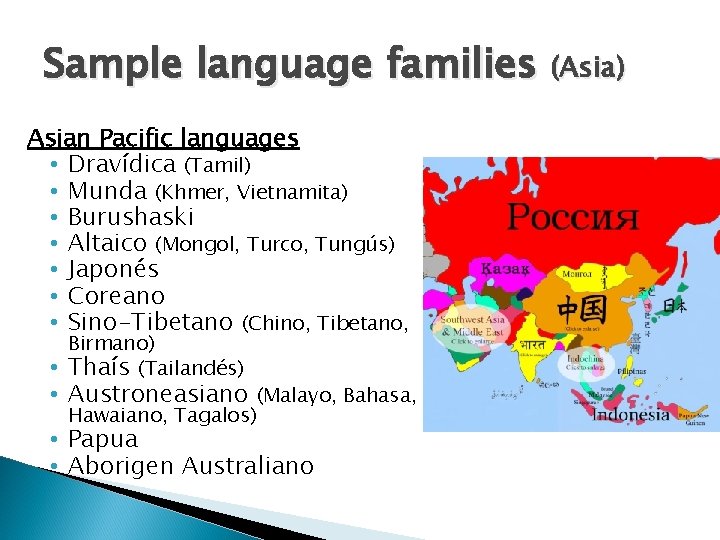 Sample language families (Asia) Asian Pacific languages • Dravídica (Tamil) • Munda (Khmer, Vietnamita)
