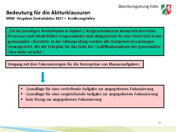 Bedeutung für die Abiturklausuren MSW Vorgaben Zentralabitur 2017 – Ernährungslehre „Die im jeweiligen Kernlehrplan