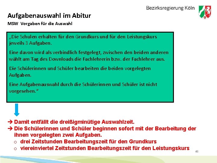 Aufgabenauswahl im Abitur MSW Vorgaben für die Auswahl „Die Schulen erhalten für den Grundkurs