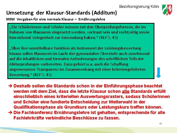 Umsetzung der Klausur-Standards (Additum) MSW Vorgaben für eine normale Klausur – Ernährungslehre „Die Schülerinnen