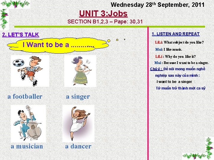 Wednesday 28 th September, 2011 UNIT 3: Jobs SECTION B 1, 2, 3 –