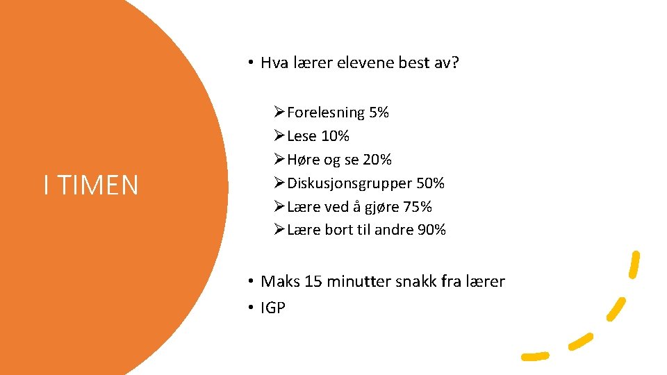  • Hva lærer elevene best av? I TIMEN ØForelesning 5% ØLese 10% ØHøre