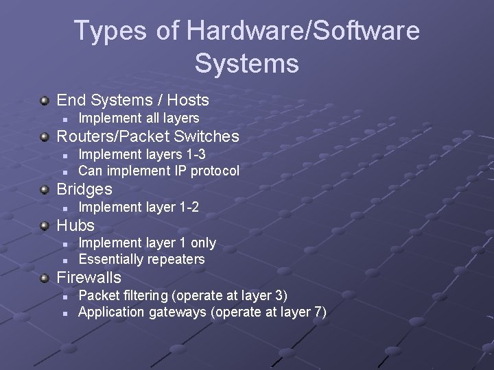 Types of Hardware/Software Systems End Systems / Hosts n Implement all layers Routers/Packet Switches Types of Hardware/Software Systems End Systems / Hosts n Implement all layers Routers/Packet Switches