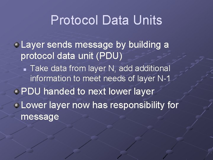 Protocol Data Units Layer sends message by building a protocol data unit (PDU) n Protocol Data Units Layer sends message by building a protocol data unit (PDU) n