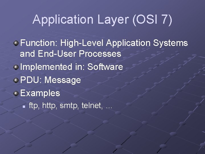 Application Layer (OSI 7) Function: High-Level Application Systems and End-User Processes Implemented in: Software Application Layer (OSI 7) Function: High-Level Application Systems and End-User Processes Implemented in: Software