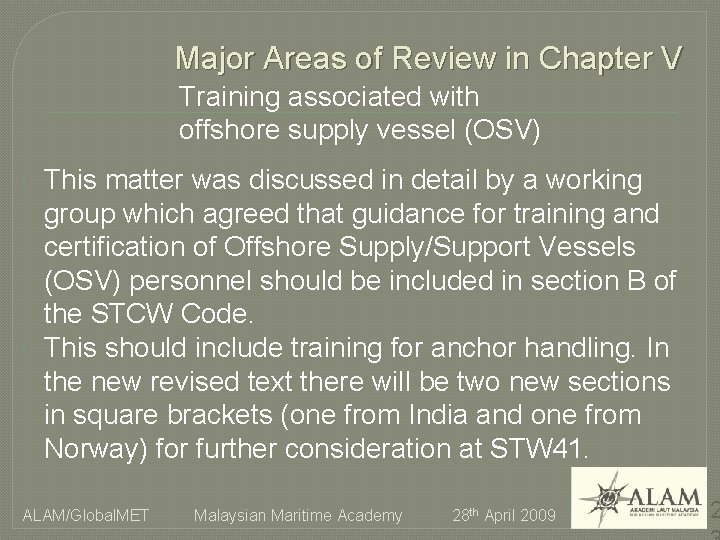 Major Areas of Review in Chapter V Training associated with offshore supply vessel (OSV)