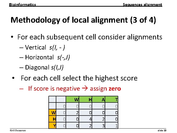 Bioinformatics Sequences alignment Methodology of local alignment (3 of 4) • For each subsequent