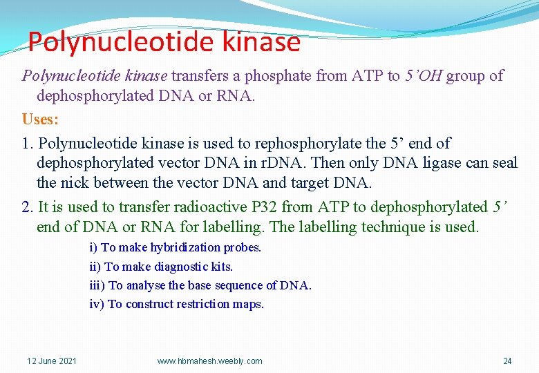 Polynucleotide kinase transfers a phosphate from ATP to 5’OH group of dephosphorylated DNA or