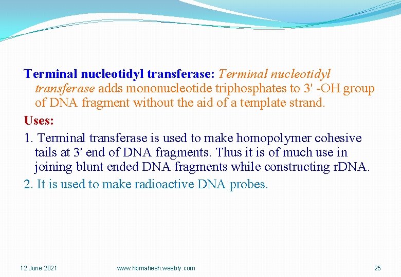 Terminal nucleotidyl transferase: Terminal nucleotidyl transferase adds mononucleotide triphosphates to 3' -OH group of