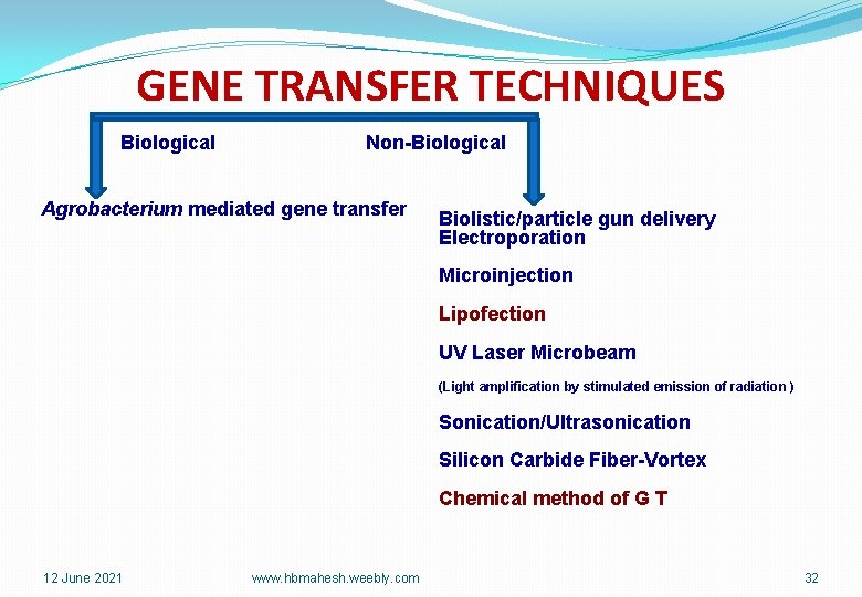 GENE TRANSFER TECHNIQUES Biological Non-Biological Agrobacterium mediated gene transfer Biolistic/particle gun delivery Electroporation Microinjection