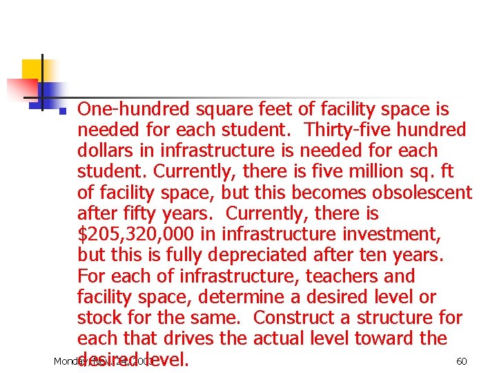 One-hundred square feet of facility space is needed for each student. Thirty-five hundred dollars One-hundred square feet of facility space is needed for each student. Thirty-five hundred dollars