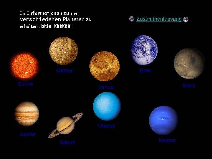 Um Informationen zu den Verschiedenen Planeten zu erhalten, bitte klicken! Zusammenfassung Merkur Sonne Erde