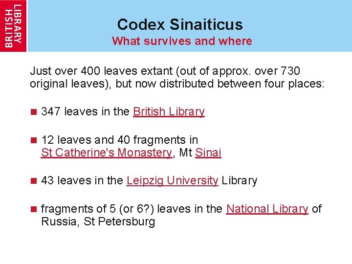 Codex Sinaiticus What survives and where Just over 400 leaves extant (out of approx.