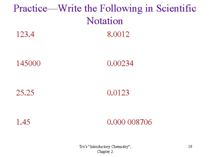Practice—Write the Following in Scientific Notation 123. 4 8. 0012 145000 0. 00234 25.