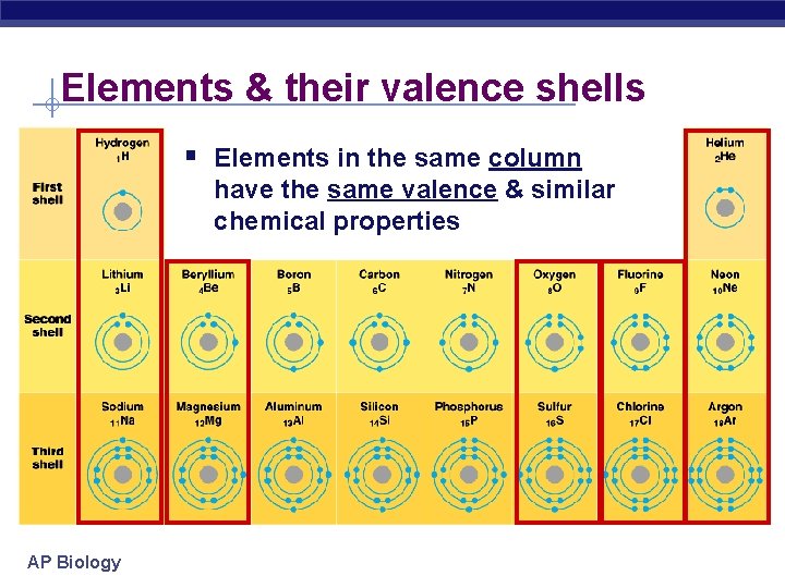 Elements & their valence shells § Elements in the same column have the same