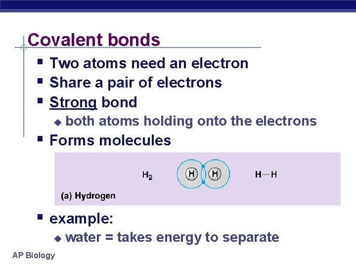 Covalent bonds § Two atoms need an electron § Share a pair of electrons
