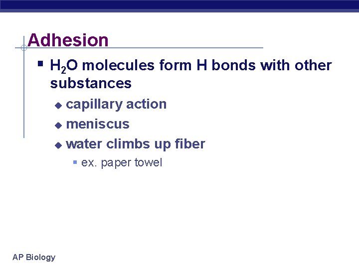 Adhesion § H 2 O molecules form H bonds with other substances capillary action