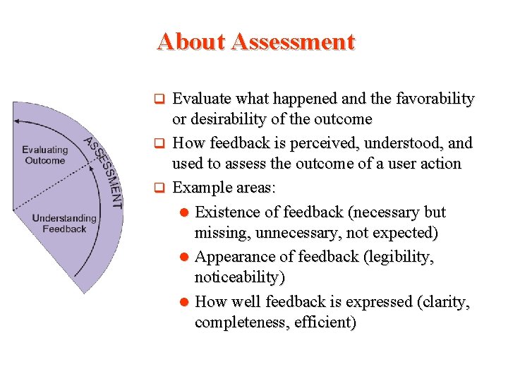 About Assessment Evaluate what happened and the favorability or desirability of the outcome q