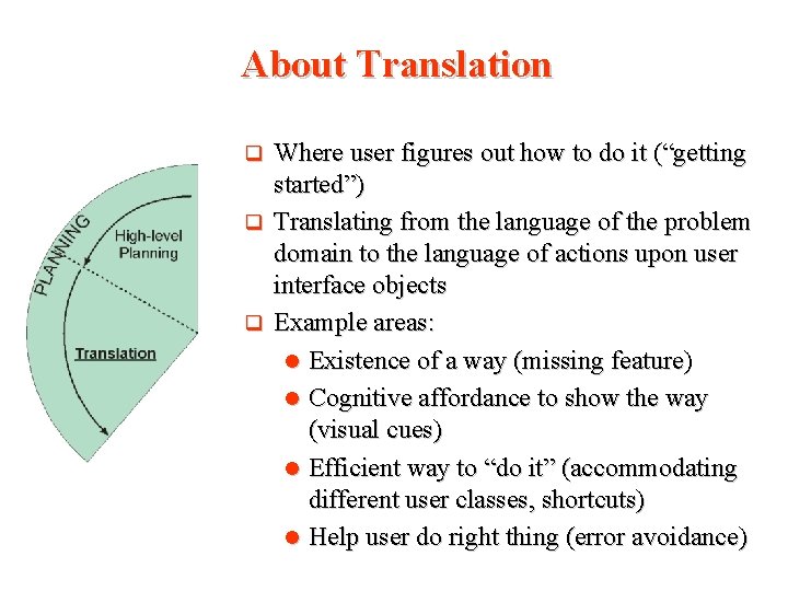 About Translation Where user figures out how to do it (“getting started”) q Translating