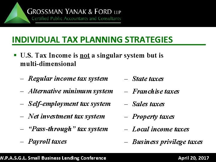 INDIVIDUAL TAX PLANNING STRATEGIES § U. S. Tax Income is not a singular system