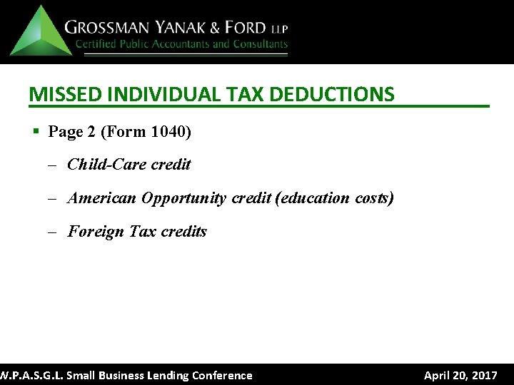 MISSED INDIVIDUAL TAX DEDUCTIONS § Page 2 (Form 1040) – Child-Care credit – American