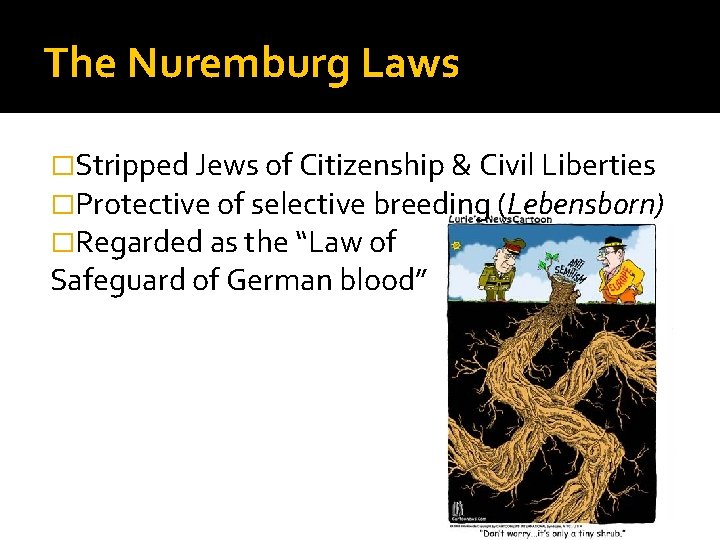 The Nuremburg Laws �Stripped Jews of Citizenship & Civil Liberties �Protective of selective breeding