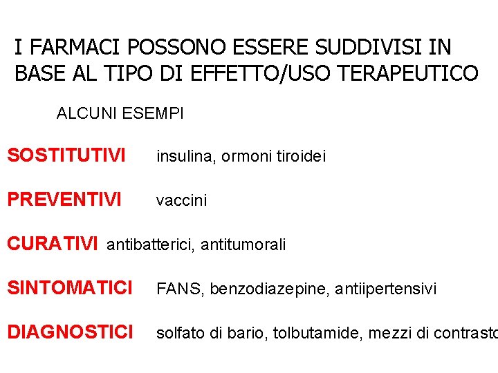 I FARMACI POSSONO ESSERE SUDDIVISI IN BASE AL TIPO DI EFFETTO/USO TERAPEUTICO ALCUNI ESEMPI