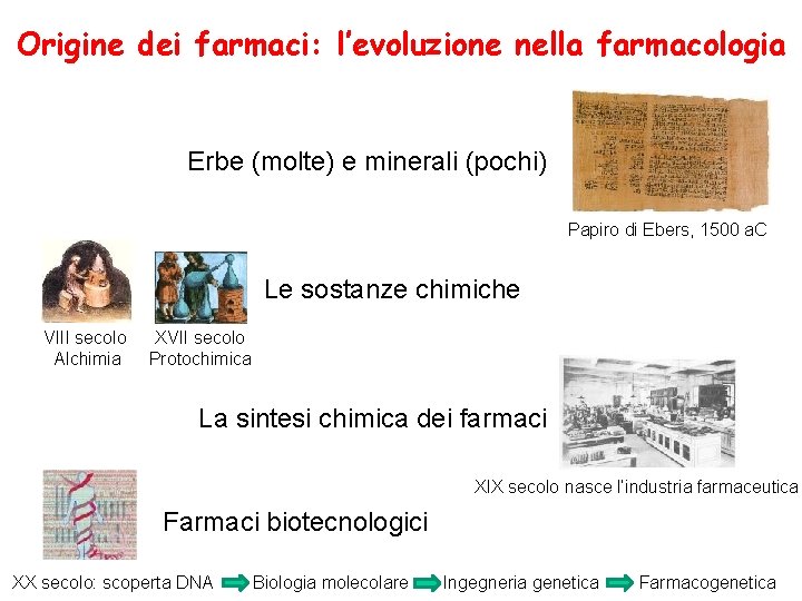 Origine dei farmaci: l’evoluzione nella farmacologia Erbe (molte) e minerali (pochi) Papiro di Ebers,