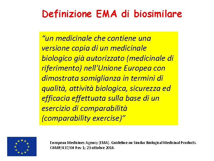 Definizione EMA di biosimilare “un medicinale che contiene una versione copia di un medicinale