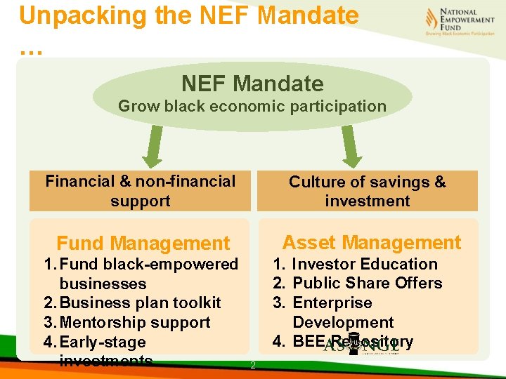 Unpacking the NEF Mandate … NEF Mandate Grow black economic participation Financial & non-financial