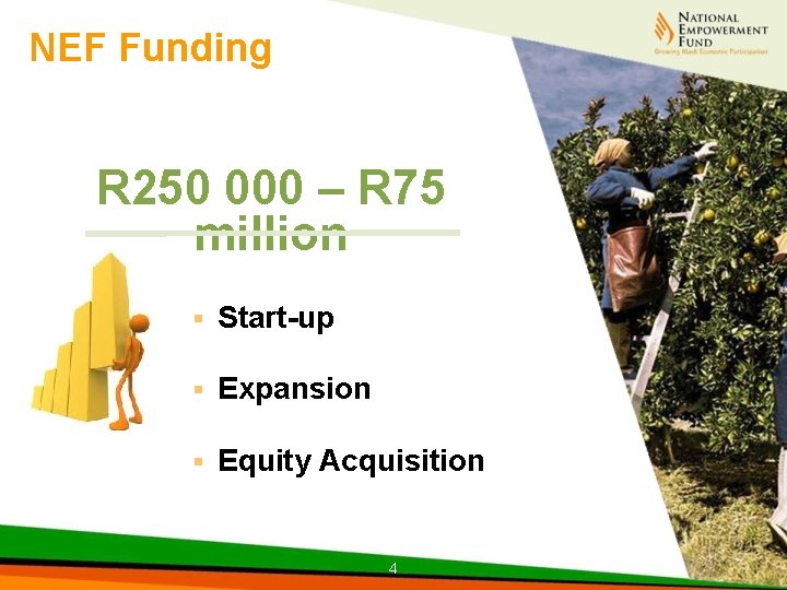 NEF Funding R 250 000 – R 75 million § Start-up § Expansion §