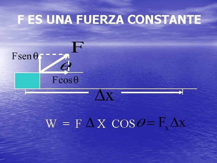 F ES UNA FUERZA CONSTANTE W = F X COS 